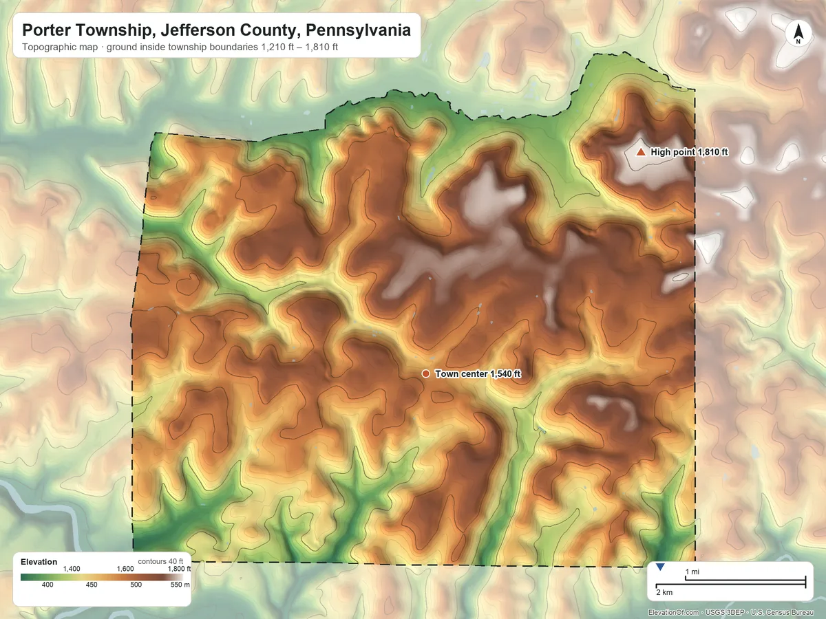 Topographic elevation map of Porter Township, Jefferson County, Pennsylvania, shaded from 1,210 ft on the southeast side to 1,810 ft on the northeast side