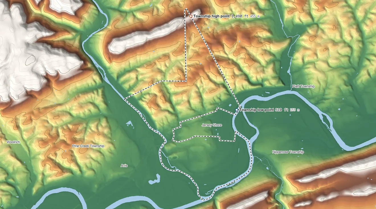 Topographic elevation map of Porter Township, Lycoming County, Pennsylvania, shaded from 510 ft on the northeast side to 1,490 ft on the north side
