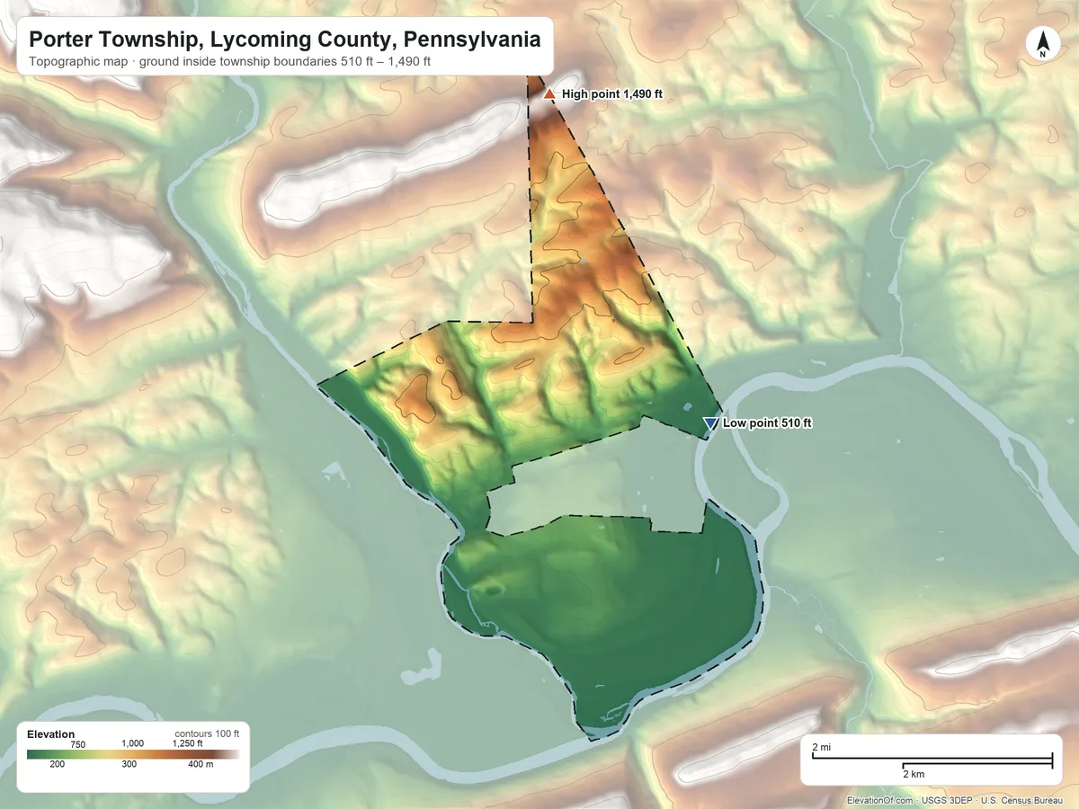 Topographic elevation map of Porter Township, Lycoming County, Pennsylvania, shaded from 510 ft on the northeast side to 1,490 ft on the north side