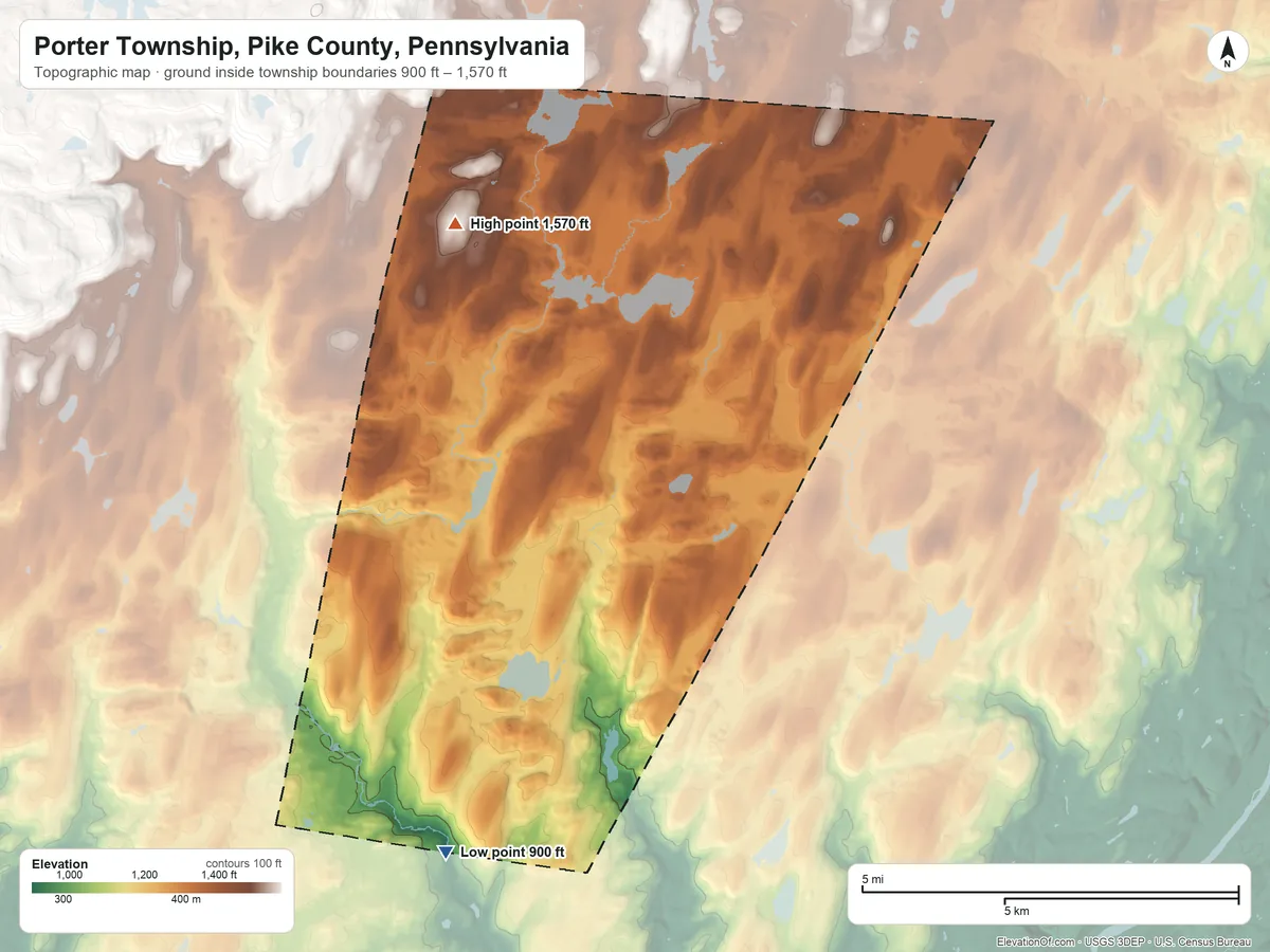 Topographic elevation map of Porter Township, Pike County, Pennsylvania, shaded from 900 ft on the south side to 1,570 ft on the west side