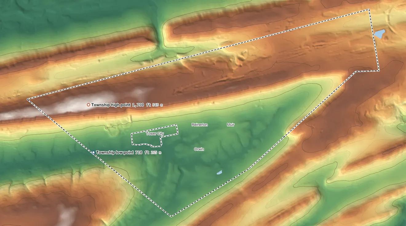 Topographic elevation map of Porter Township, Pennsylvania, shaded from 710 ft on the west side to 1,790 ft on Big Lick Mountain