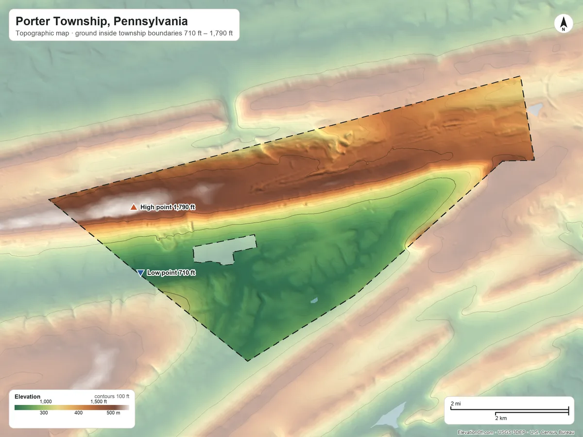 Topographic elevation map of Porter Township, Pennsylvania, shaded from 710 ft on the west side to 1,790 ft on Big Lick Mountain