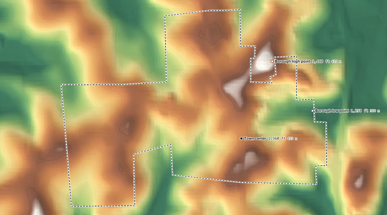 Topographic elevation map of Portersville, Pennsylvania, shaded from 1,250 ft on the east side to 1,440 ft on the north side