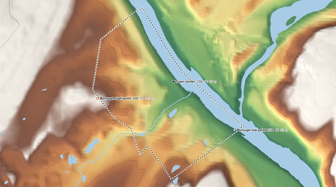 Topographic elevation map of Portland, Pennsylvania, shaded from 270 ft on the southeast side to 480 ft on the west side