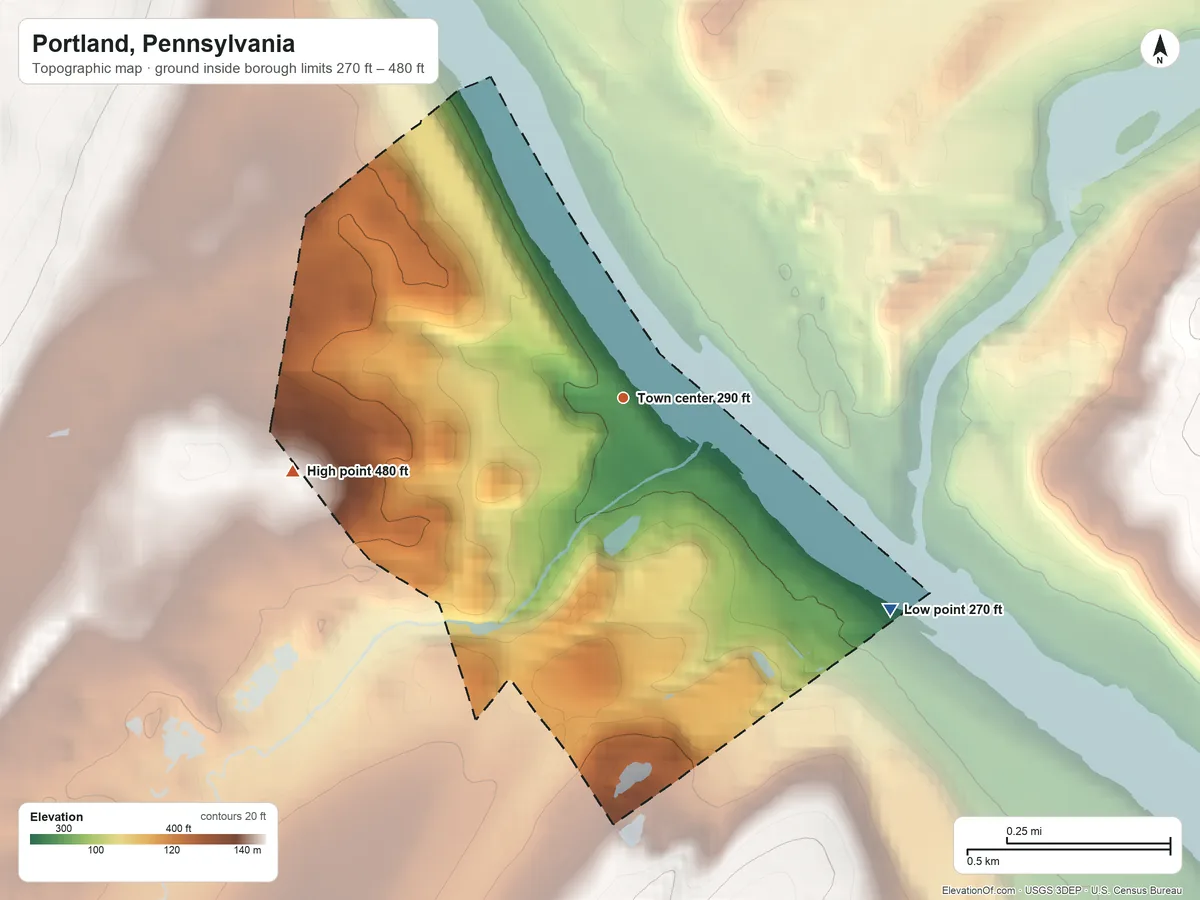 Topographic elevation map of Portland, Pennsylvania, shaded from 270 ft on the southeast side to 480 ft on the west side