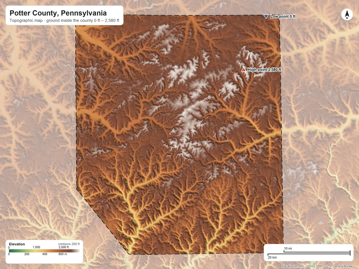 Topographic elevation map of Potter County, Pennsylvania, shaded from 0 ft on the northeast side to 2,580 ft on Bailey Hill