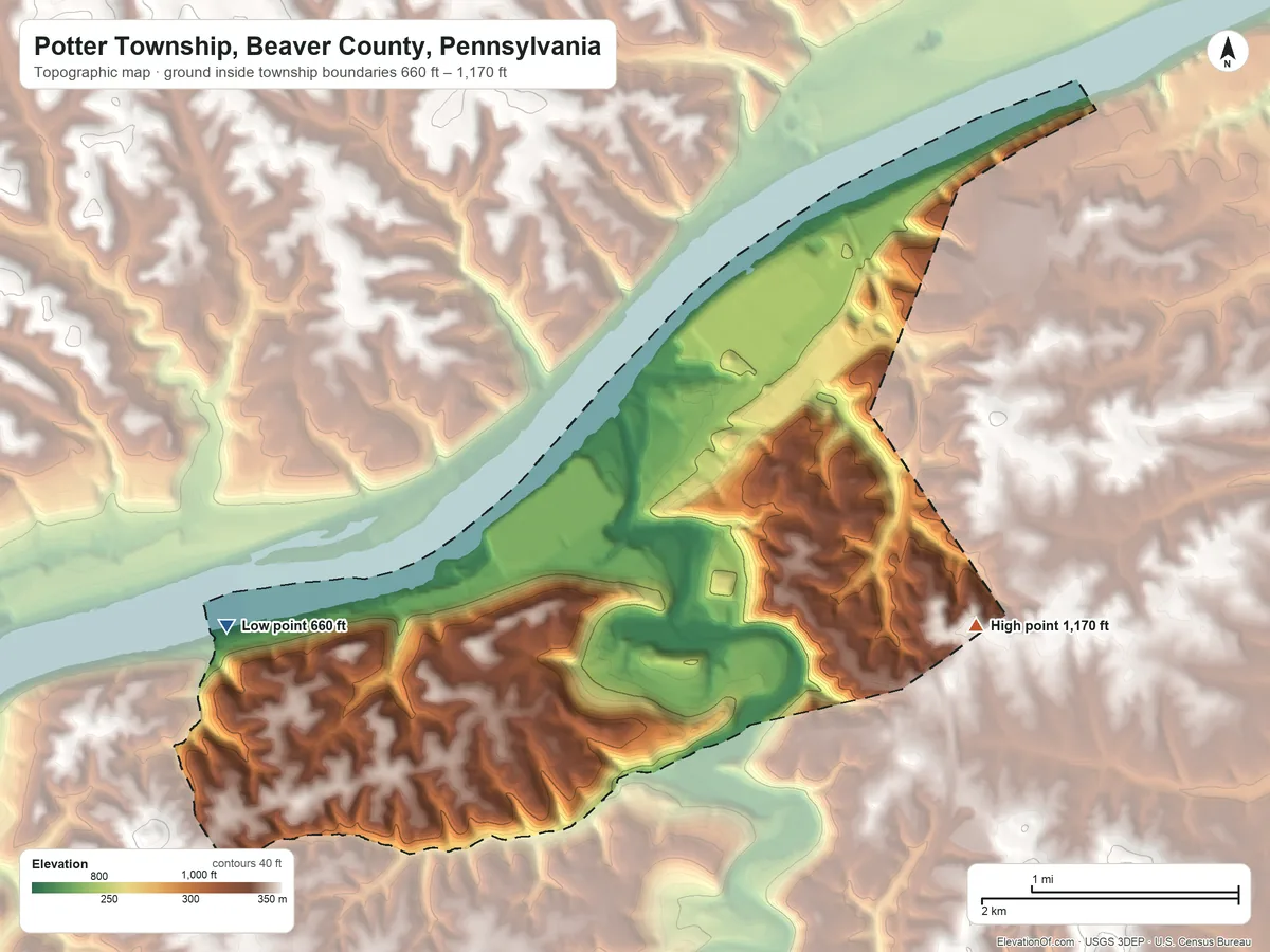 Topographic elevation map of Potter Township, Beaver County, Pennsylvania, shaded from 660 ft on the west side to 1,170 ft on the east side
