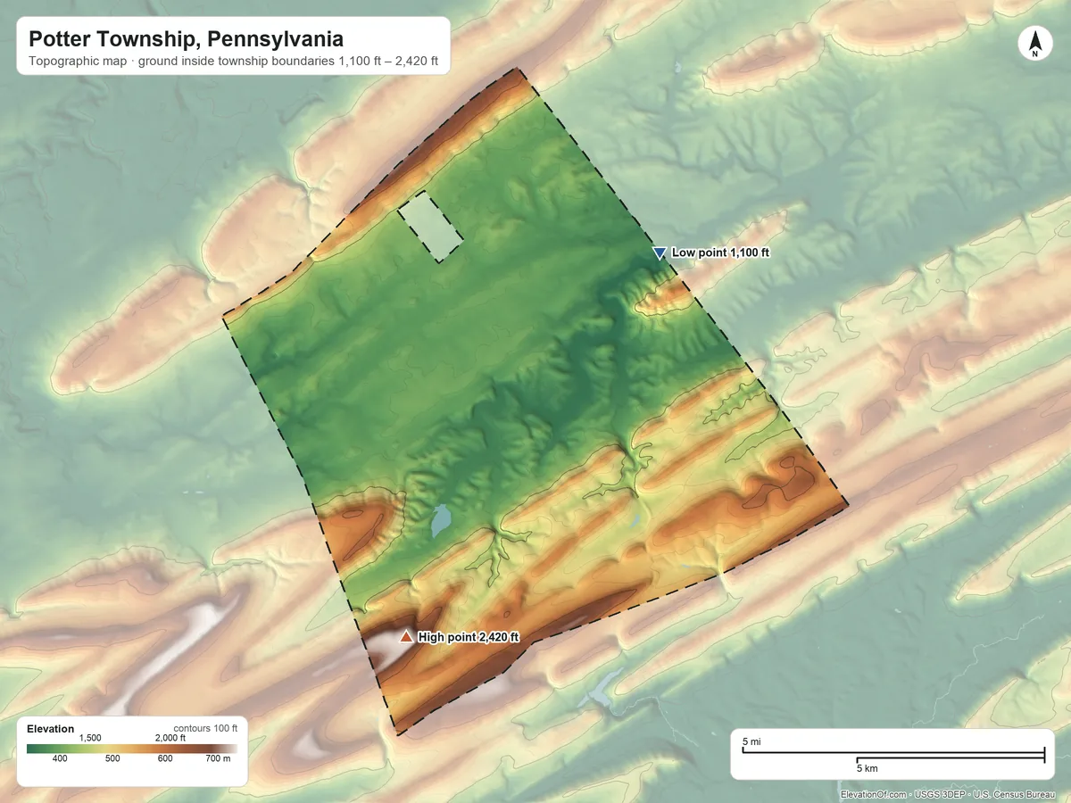 Topographic elevation map of Potter Township, Pennsylvania, shaded from 1,100 ft on the east side to 2,420 ft on Thickhead Mountain