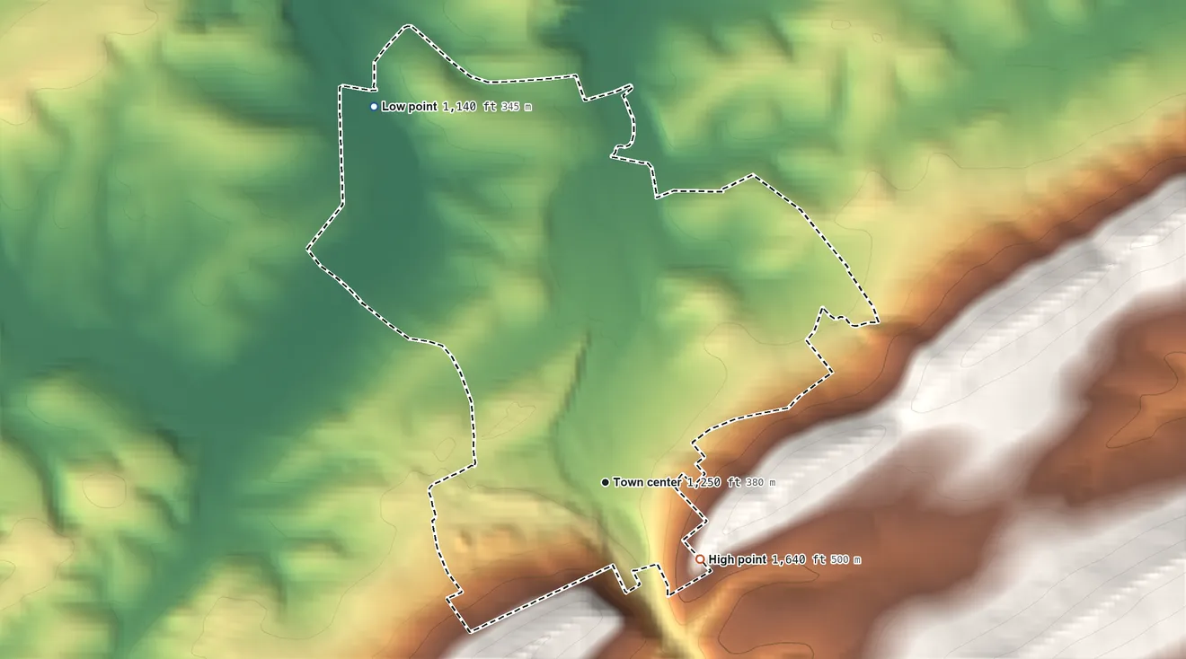 Topographic elevation map of Potters Mills, Pennsylvania, shaded from 1,140 ft on the northwest side to 1,640 ft on the southeast side