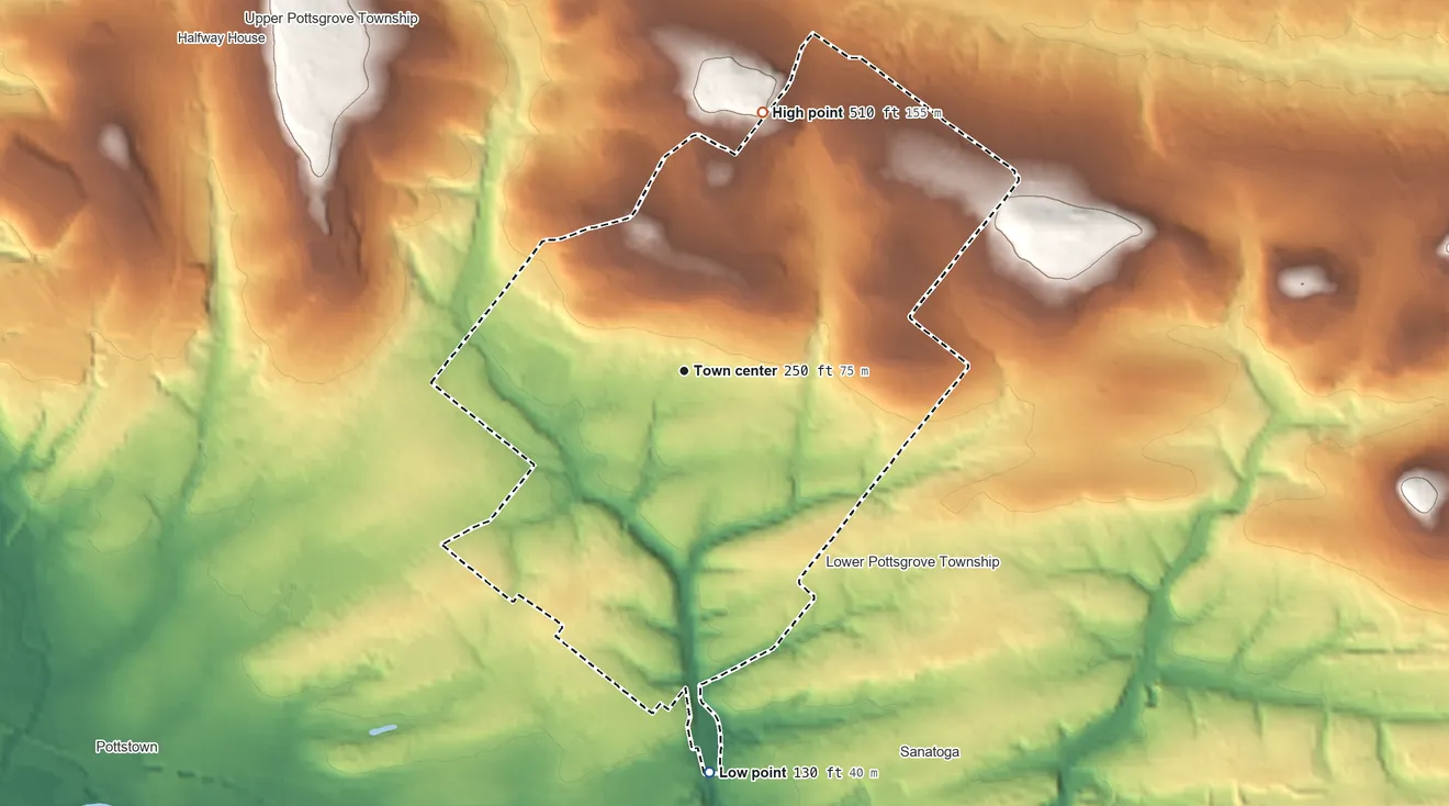 Topographic elevation map of Pottsgrove, Pennsylvania, shaded from 130 ft on the south side to 510 ft on the north side