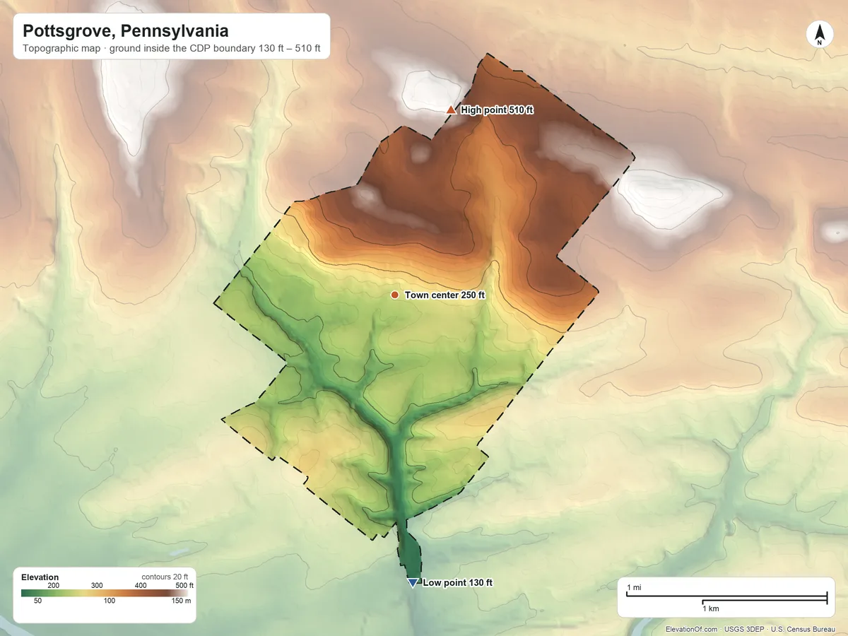 Topographic elevation map of Pottsgrove, Pennsylvania, shaded from 130 ft on the south side to 510 ft on the north side