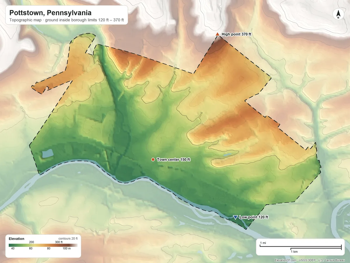 Topographic elevation map of Pottstown, Pennsylvania, shaded from 120 ft on the southeast side to 370 ft on the northeast side