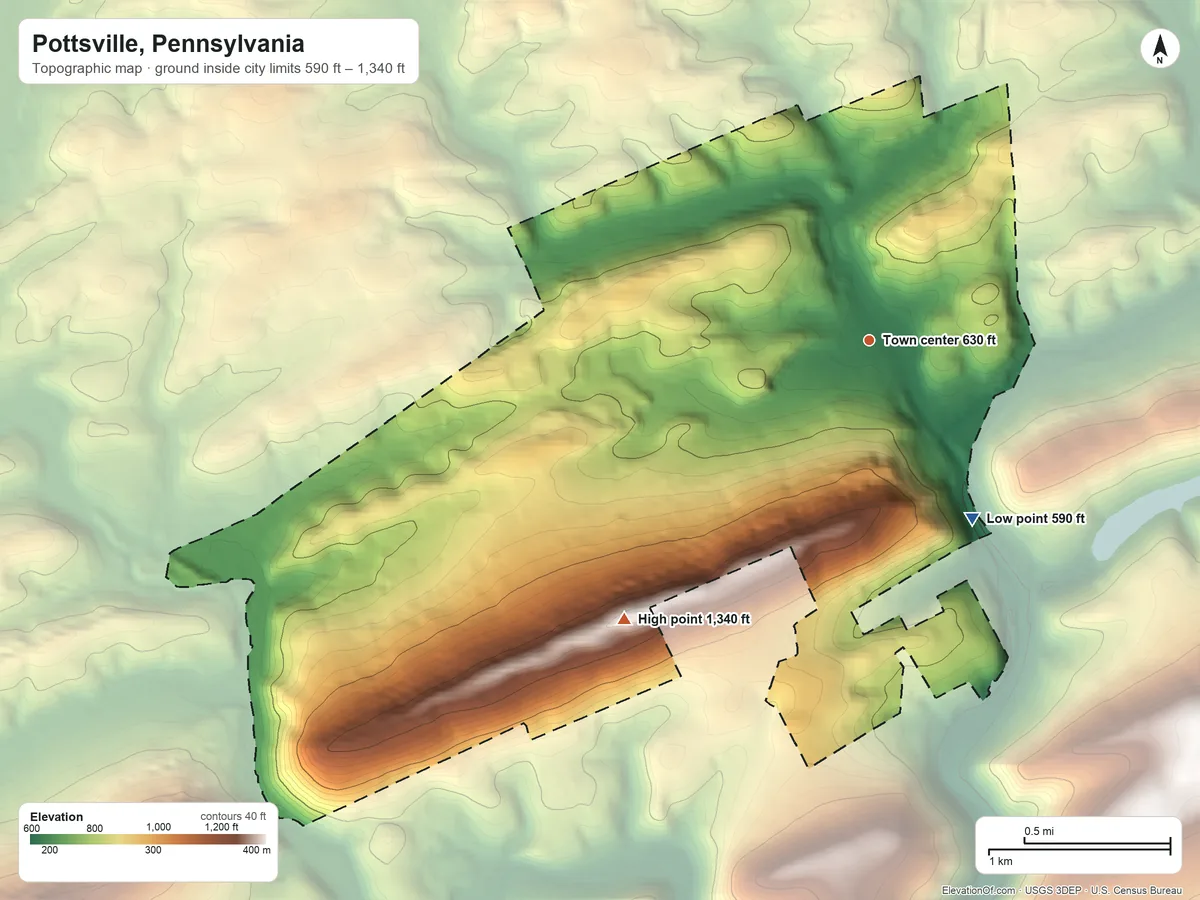 Topographic elevation map of Pottsville, Pennsylvania, shaded from 590 ft on the southeast side to 1,340 ft on the southwest side