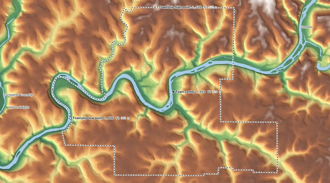 Topographic elevation map of President Township, Pennsylvania, shaded from 1,000 ft on the west side to 1,680 ft on the north side
