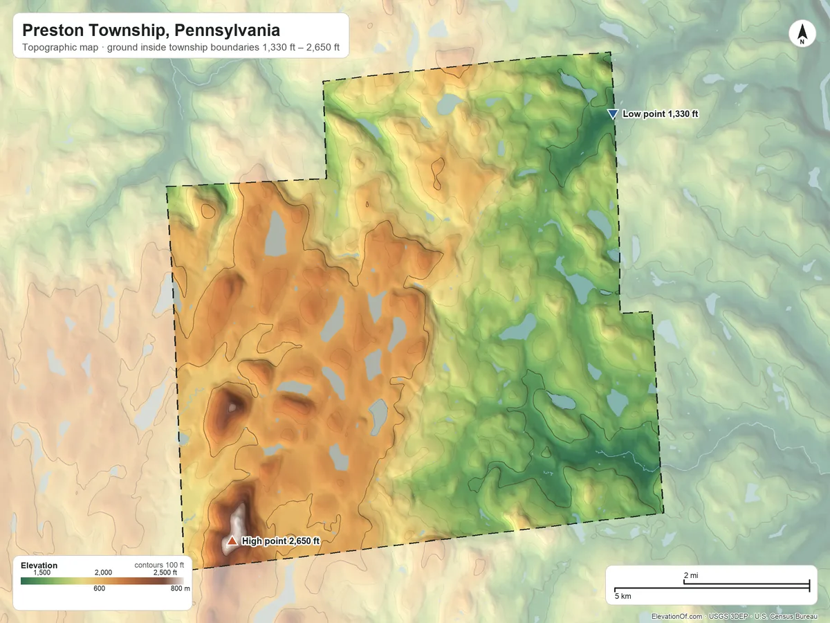 Topographic elevation map of Preston Township, Pennsylvania, shaded from 1,330 ft on the northeast side to 2,650 ft on Mount Ararat