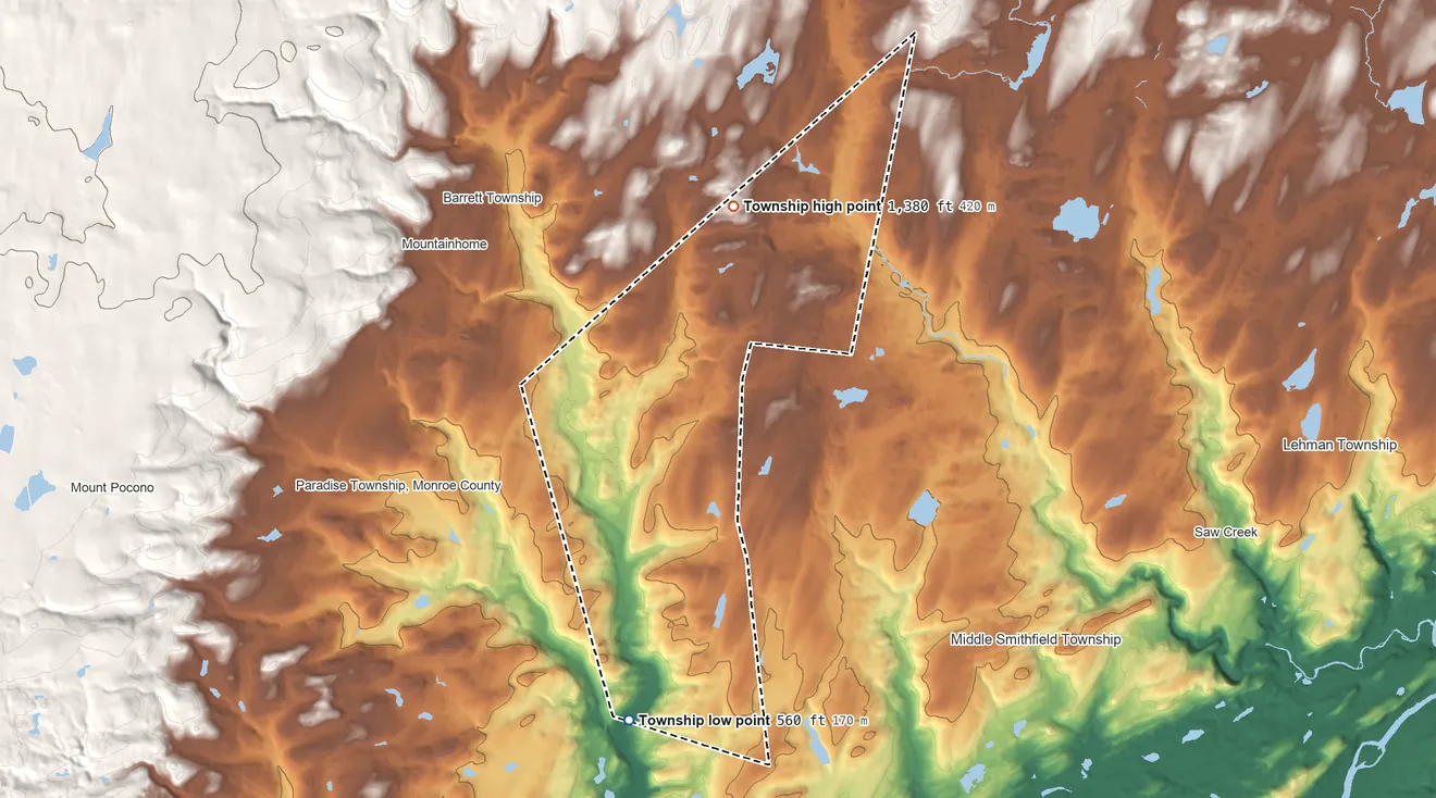 Topographic elevation map of Price Township, Pennsylvania, shaded from 560 ft on the south side to 1,380 ft on the north side