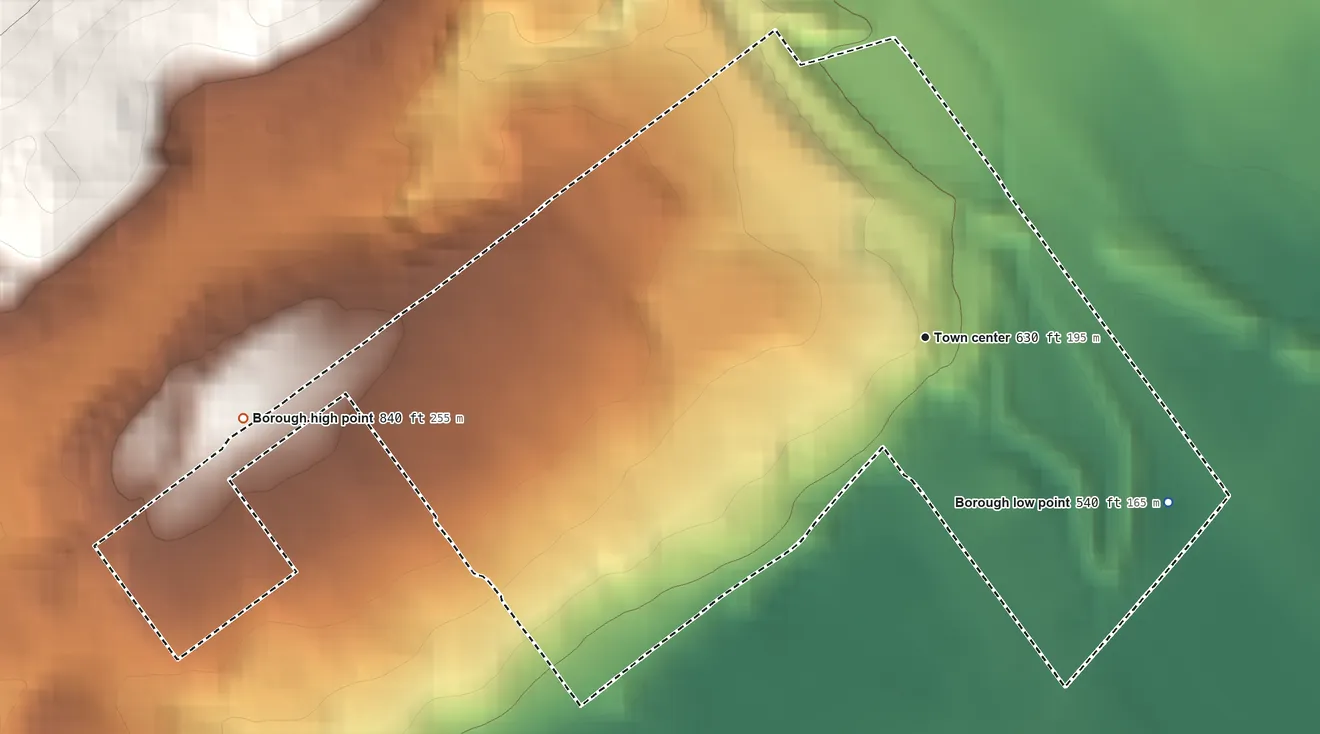 Topographic elevation map of Pringle, Pennsylvania, shaded from 540 ft on the southeast side to 840 ft on the west edge, below higher ground just outside