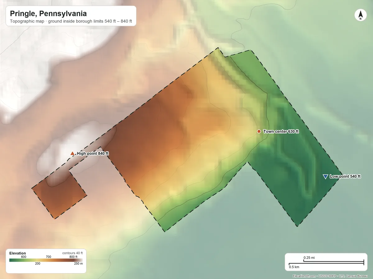 Topographic elevation map of Pringle, Pennsylvania, shaded from 540 ft on the southeast side to 840 ft on the west edge, below higher ground just outside