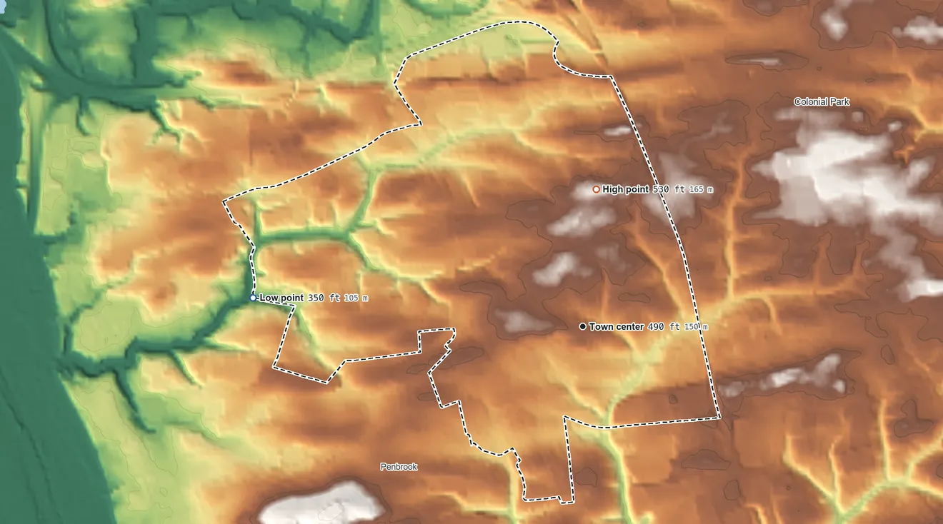 Topographic elevation map of Progress, Pennsylvania, shaded from 350 ft on the west side to 530 ft on the north side
