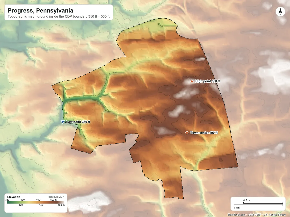 Topographic elevation map of Progress, Pennsylvania, shaded from 350 ft on the west side to 530 ft on the north side
