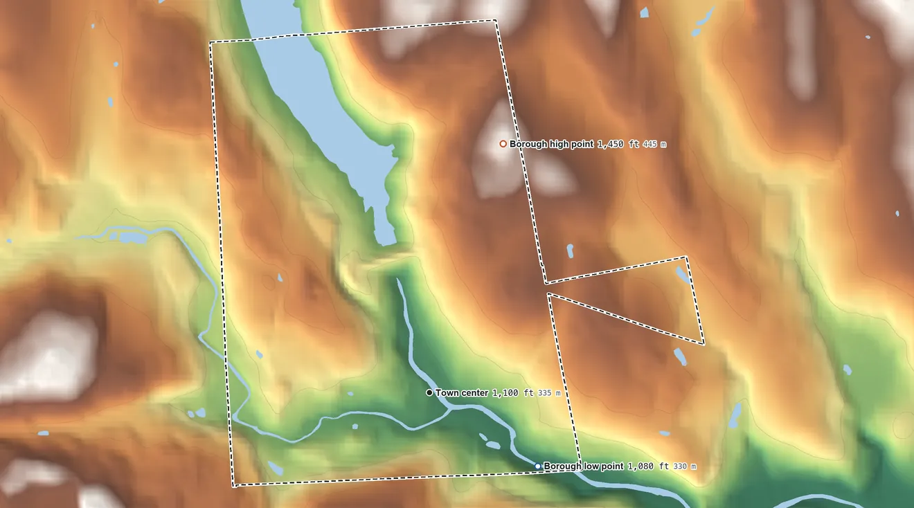 Topographic elevation map of Prompton, Pennsylvania, shaded from 1,080 ft on the southeast side to 1,450 ft on the north side