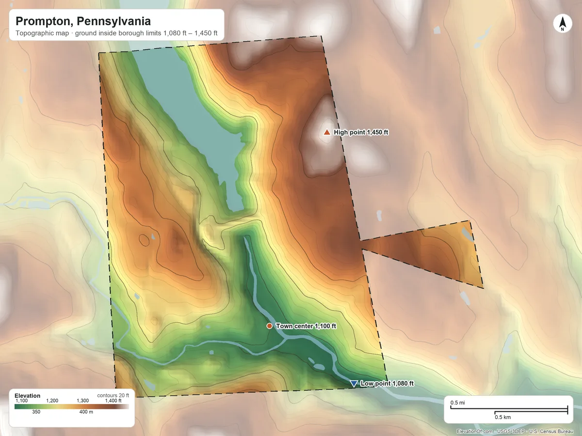 Topographic elevation map of Prompton, Pennsylvania, shaded from 1,080 ft on the southeast side to 1,450 ft on the north side