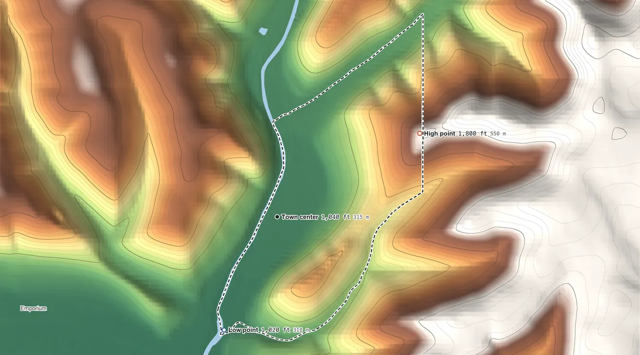 Topographic elevation map of Prospect Park, Cameron County, Pennsylvania, shaded from 1,020 ft on the southwest side to 1,800 ft on the northeast side