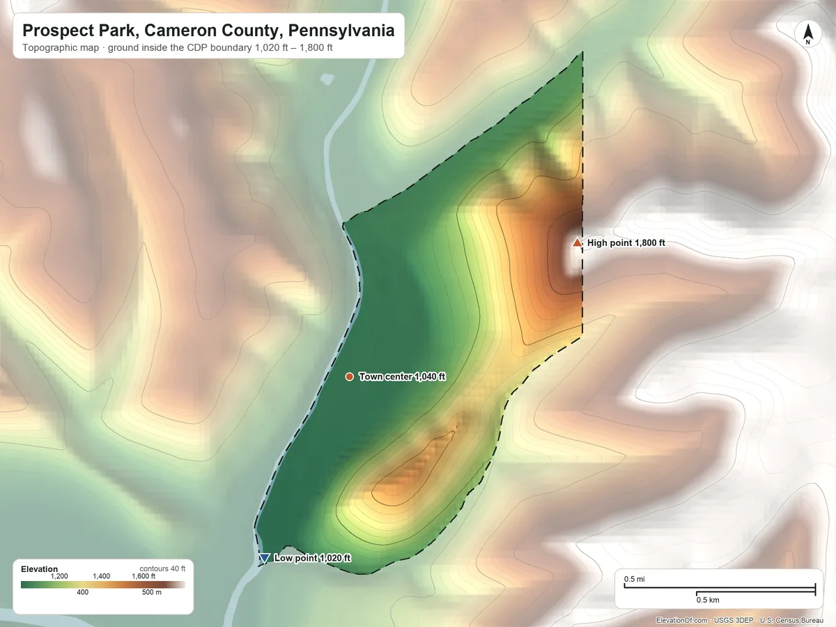 Topographic elevation map of Prospect Park, Cameron County, Pennsylvania, shaded from 1,020 ft on the southwest side to 1,800 ft on the northeast side