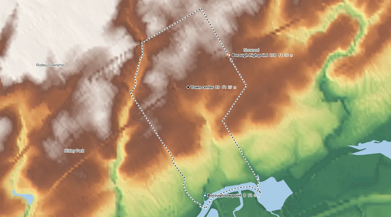 Topographic elevation map of Prospect Park, Pennsylvania, shaded from 0 ft on the south side to 110 ft on the northeast side