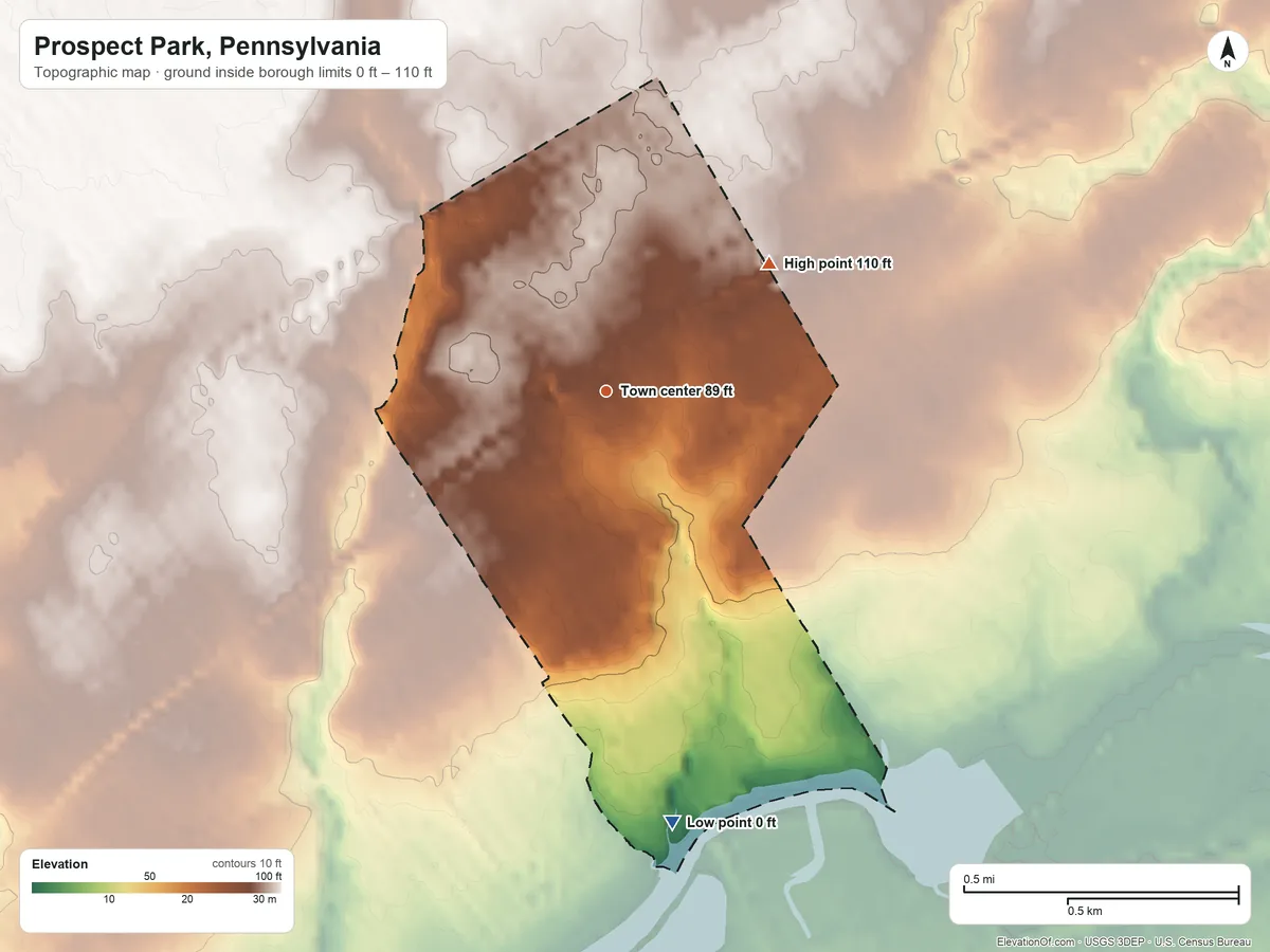Topographic elevation map of Prospect Park, Pennsylvania, shaded from 0 ft on the south side to 110 ft on the northeast side