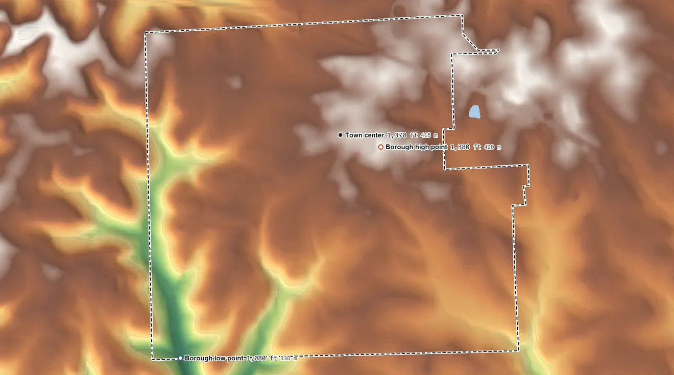 Topographic elevation map of Prospect, Pennsylvania, shaded from 1,080 ft on the southwest side to 1,380 ft near the middle