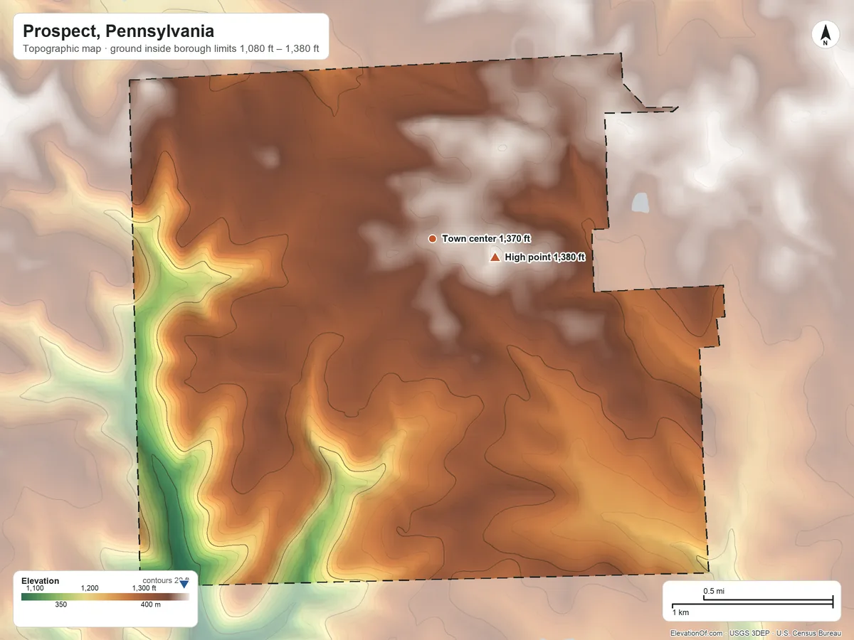 Topographic elevation map of Prospect, Pennsylvania, shaded from 1,080 ft on the southwest side to 1,380 ft near the middle