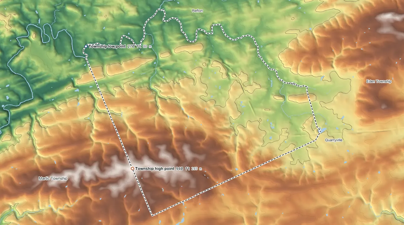 Topographic elevation map of Providence Township, Pennsylvania, shaded from 270 ft on the northwest side to 940 ft on the southwest side