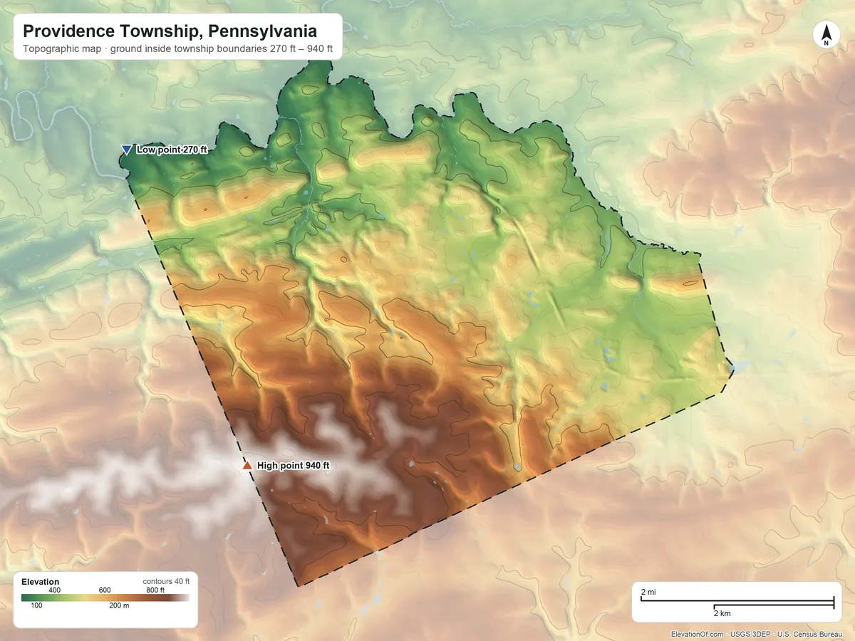 Topographic elevation map of Providence Township, Pennsylvania, shaded from 270 ft on the northwest side to 940 ft on the southwest side