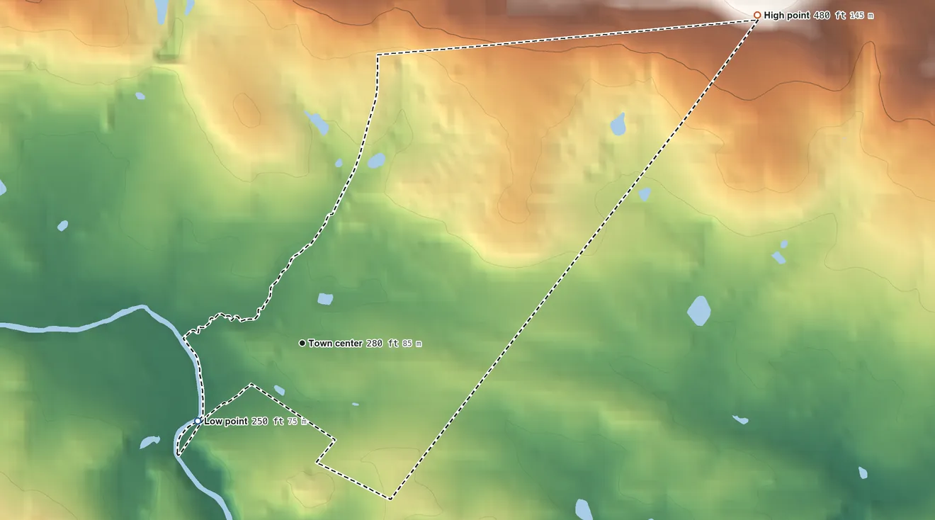 Topographic elevation map of Pughtown, Pennsylvania, shaded from 250 ft on the southwest side to 480 ft on the northeast side