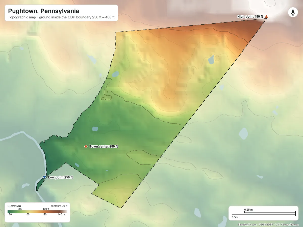 Topographic elevation map of Pughtown, Pennsylvania, shaded from 250 ft on the southwest side to 480 ft on the northeast side
