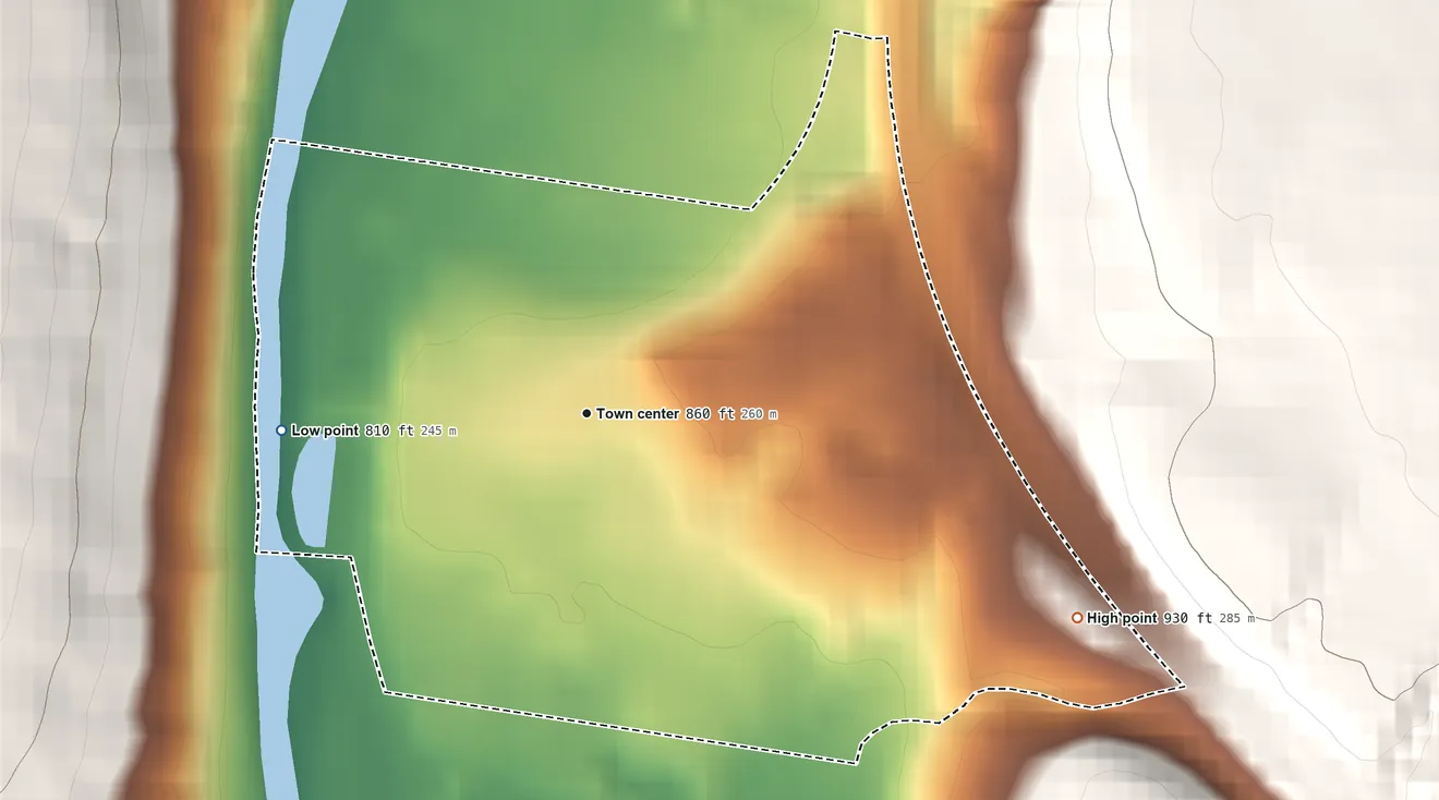 Topographic elevation map of Pulaski, Pennsylvania, shaded from 810 ft on the west side to 930 ft on the southeast side