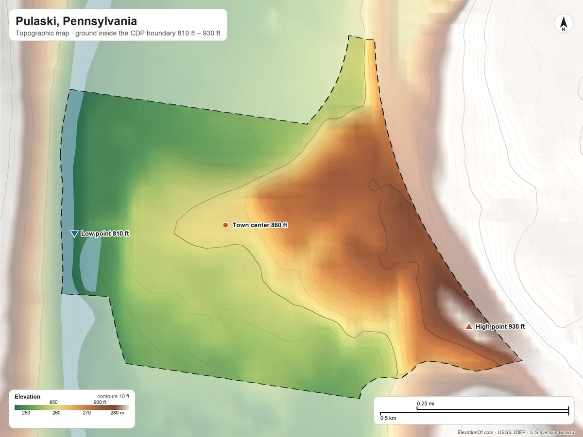 Topographic elevation map of Pulaski, Pennsylvania, shaded from 810 ft on the west side to 930 ft on the southeast side
