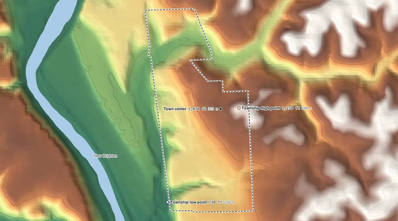 Topographic elevation map of Pulaski Township, Beaver County, Pennsylvania, shaded from 730 ft on the southwest side to 1,150 ft near the middle