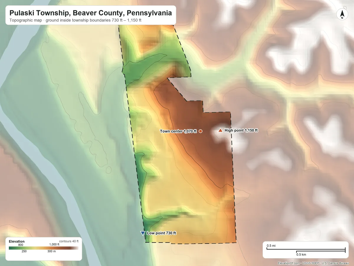 Topographic elevation map of Pulaski Township, Beaver County, Pennsylvania, shaded from 730 ft on the southwest side to 1,150 ft near the middle