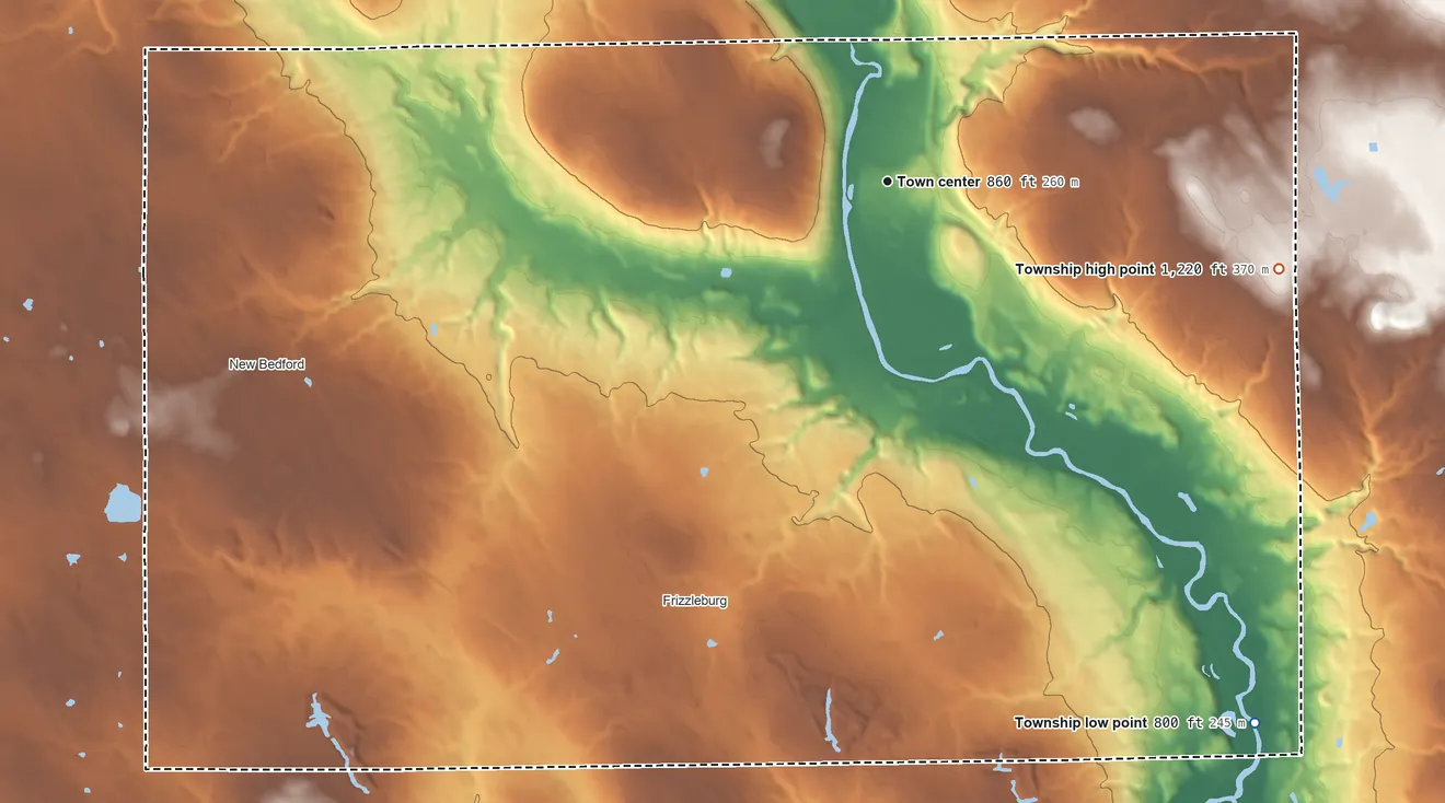 Topographic elevation map of Pulaski Township, Pennsylvania, shaded from 800 ft on the southeast side to 1,220 ft on the east side