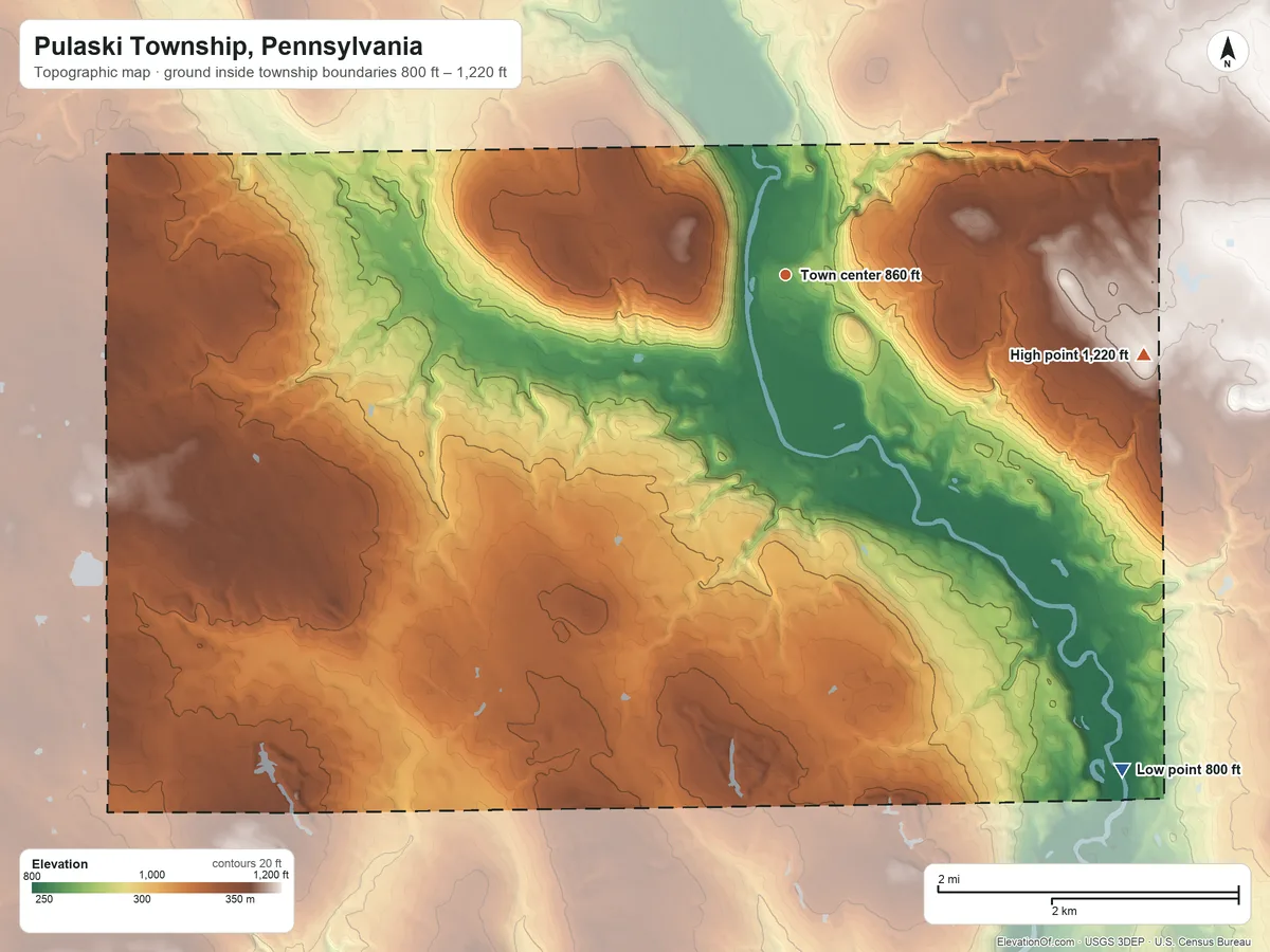 Topographic elevation map of Pulaski Township, Pennsylvania, shaded from 800 ft on the southeast side to 1,220 ft on the east side