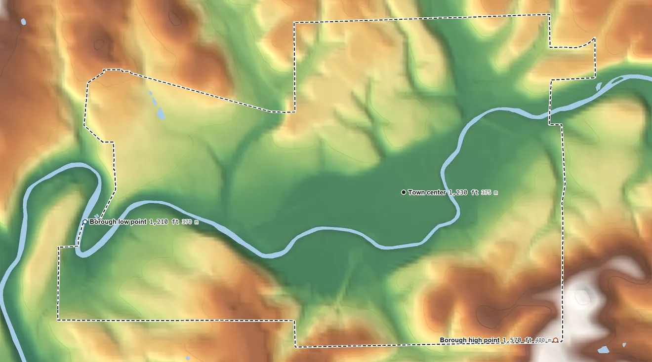 Topographic elevation map of Punxsutawney, Pennsylvania, shaded from 1,210 ft on the west side to 1,570 ft on the southeast side