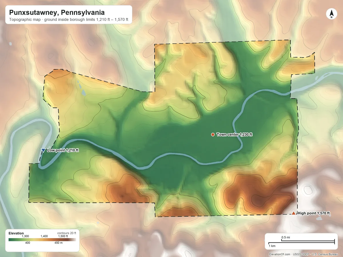 Topographic elevation map of Punxsutawney, Pennsylvania, shaded from 1,210 ft on the west side to 1,570 ft on the southeast side