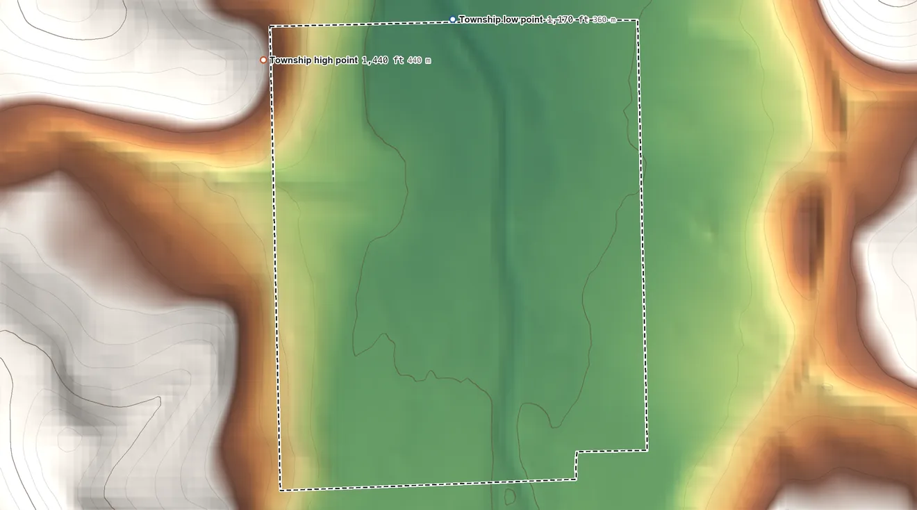 Topographic elevation map of Putnam Township, Pennsylvania, shaded from 1,170 ft on the north side to 1,440 ft on the northwest edge, below higher ground just outside