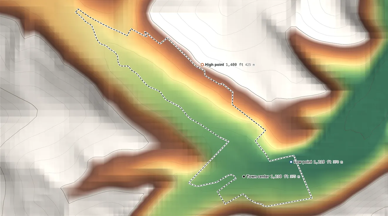 Topographic elevation map of Puzzletown, Pennsylvania, shaded from 1,210 ft on the east side to 1,400 ft at the foot of the Tussey Mountain