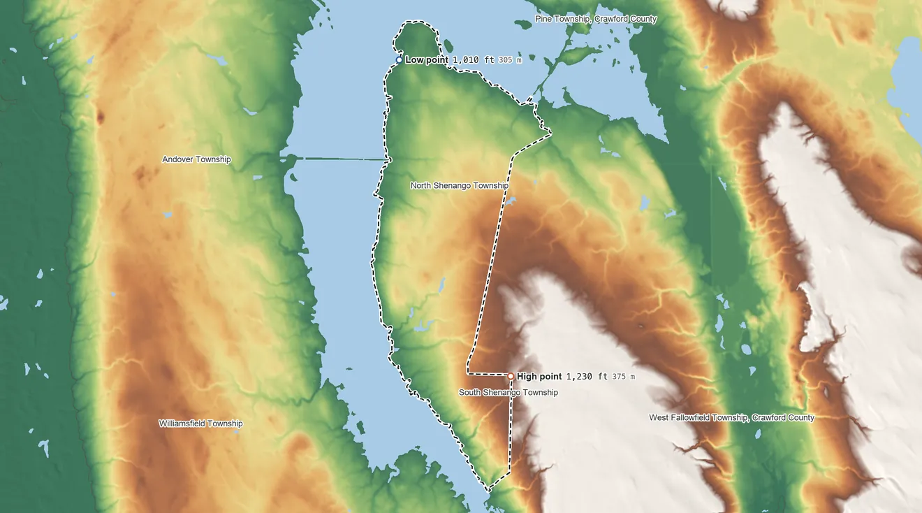 Topographic elevation map of Pymatuning Central, Pennsylvania, shaded from 1,010 ft on the north side to 1,230 ft on the southeast side