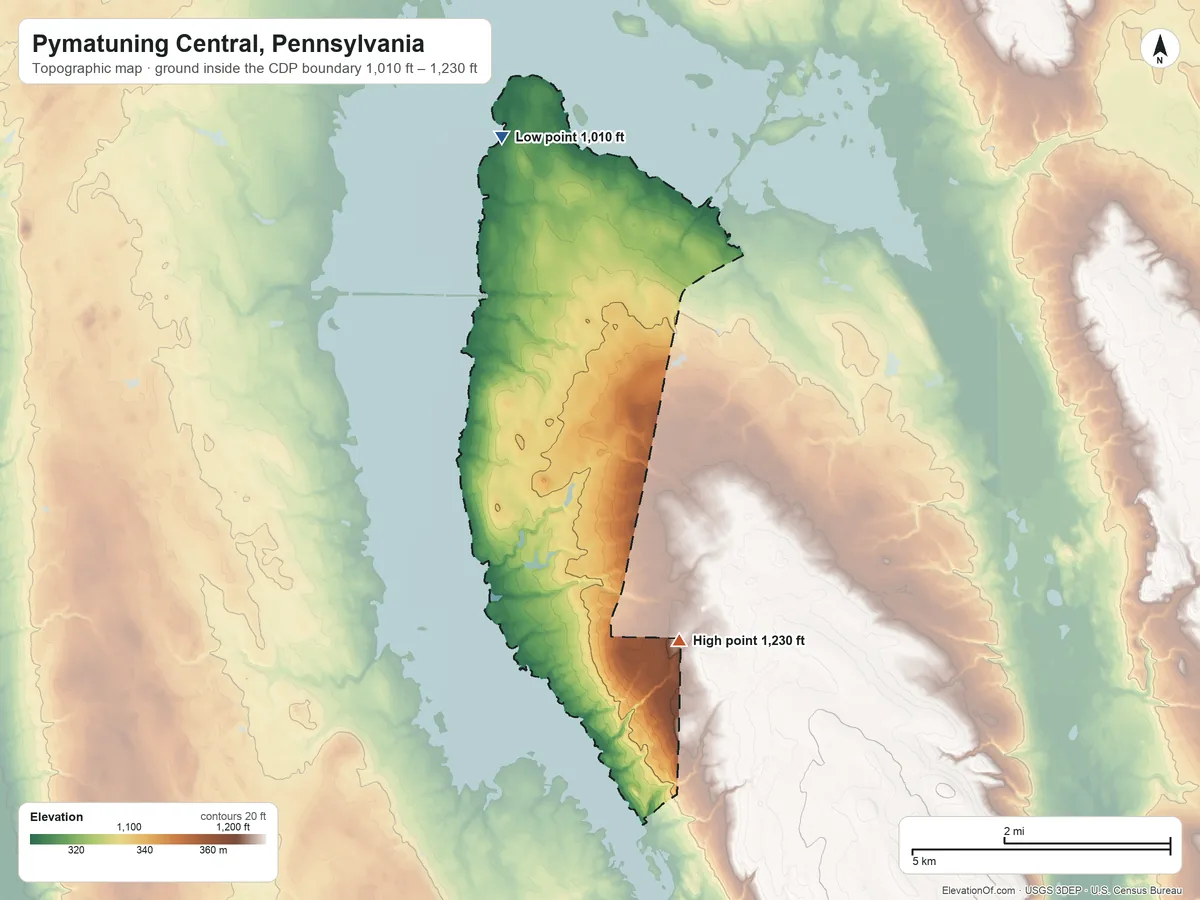 Topographic elevation map of Pymatuning Central, Pennsylvania, shaded from 1,010 ft on the north side to 1,230 ft on the southeast side