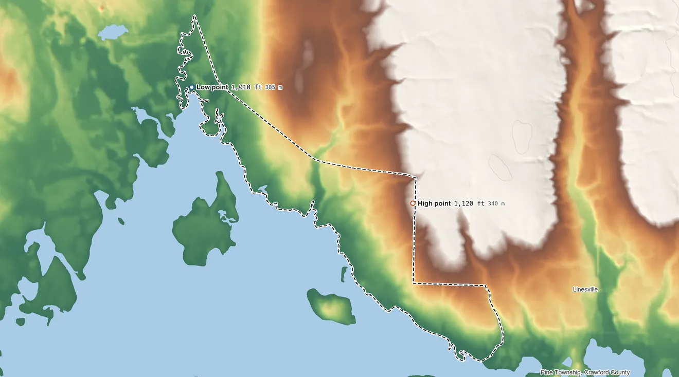 Topographic elevation map of Pymatuning North, Pennsylvania, shaded from 1,010 ft on the northwest side to 1,120 ft on the east side