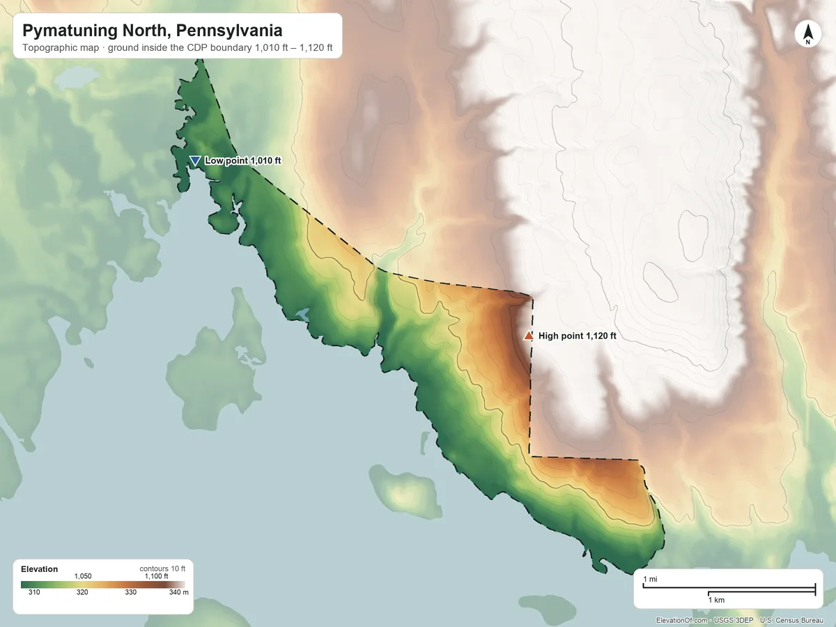 Topographic elevation map of Pymatuning North, Pennsylvania, shaded from 1,010 ft on the northwest side to 1,120 ft on the east side